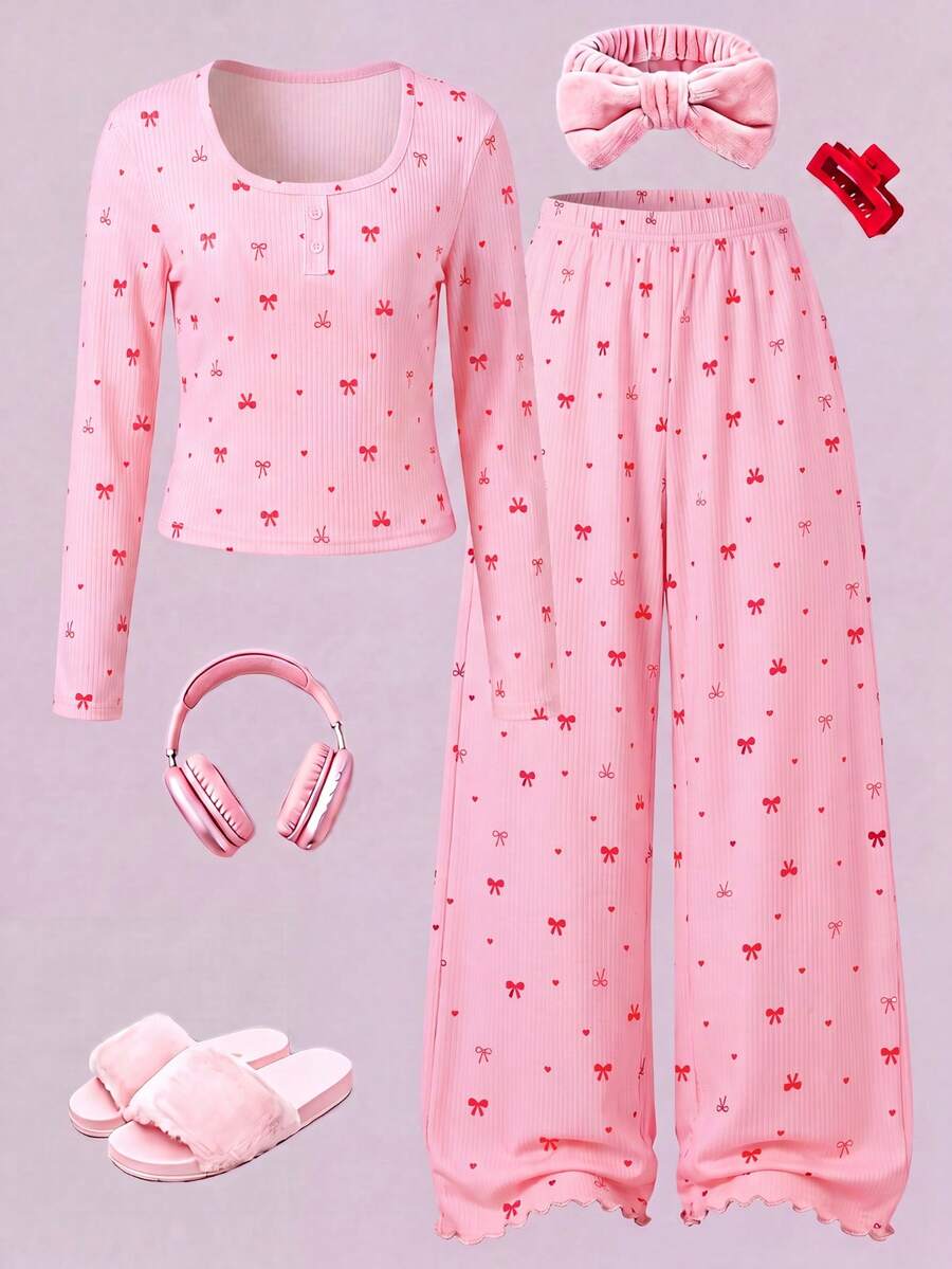 Girls 2-Piece Bow Print Pajama Set, Pink Ribbed Square Neck Long Sleeve Top + Ruffle Wide Leg Pants, Soft Comfortable Loungewear - Pink - View 1