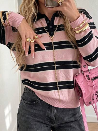 Just Masa Women's Fall Casual Cute Sweet Striped Loose Sweater Polo Knitwear Pullover,Long Sleeve Rib-Knit Chic Top,For Daily Wear,Going Out,Vacation