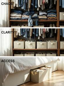 1pc/3pcs White Fabric Non-Patchwork Storage Box, Linen Clip Storage, Clothes Organizer, Wardrobe Clothes Pants Layered Storage Decoration, Holiday Decoration, Room Decoration, Home Decoration, Bedroom Decoration, Organizer, Organizer, Storage Box, Clothing Storage - White - View 9