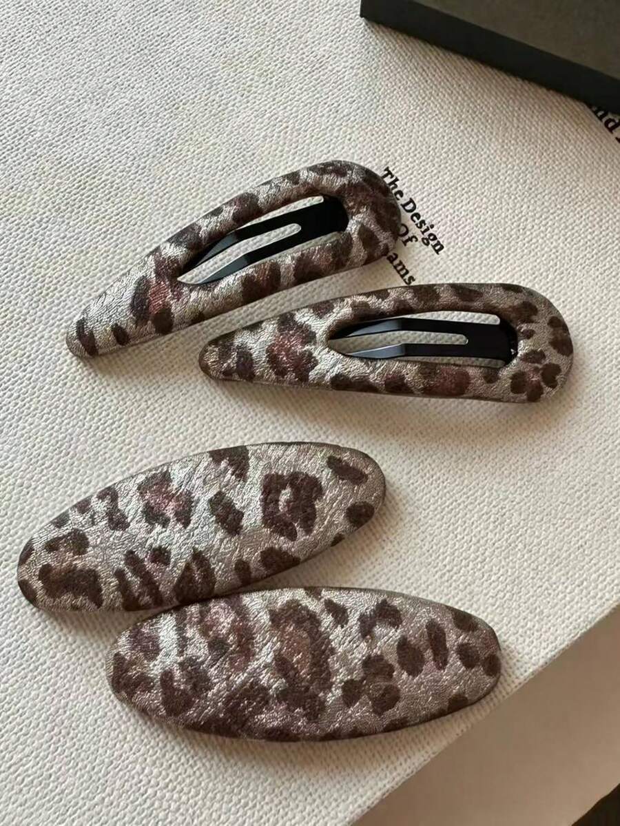 4件裝豹紋布料BB髮夾，復古Y2K水滴造型髮夾，女款側瀏海髮針，時尚日常髮飾