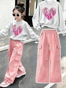 2pcs/Set Suitable For Girls Big Kids Crew Neck Sweatshirt And Cargo Pants Outfit, Printed Heart Sequin Pattern Crew Neck Sweatshirt + Cargo Pants Matching Set, Suitable For Autumn/Winter Daily Wear - Multicolor - View 11