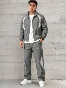 Men's Colorblock 2 Pieces Sports Set Jacket And Pants Casual Activewear - Dark Grey - View 2