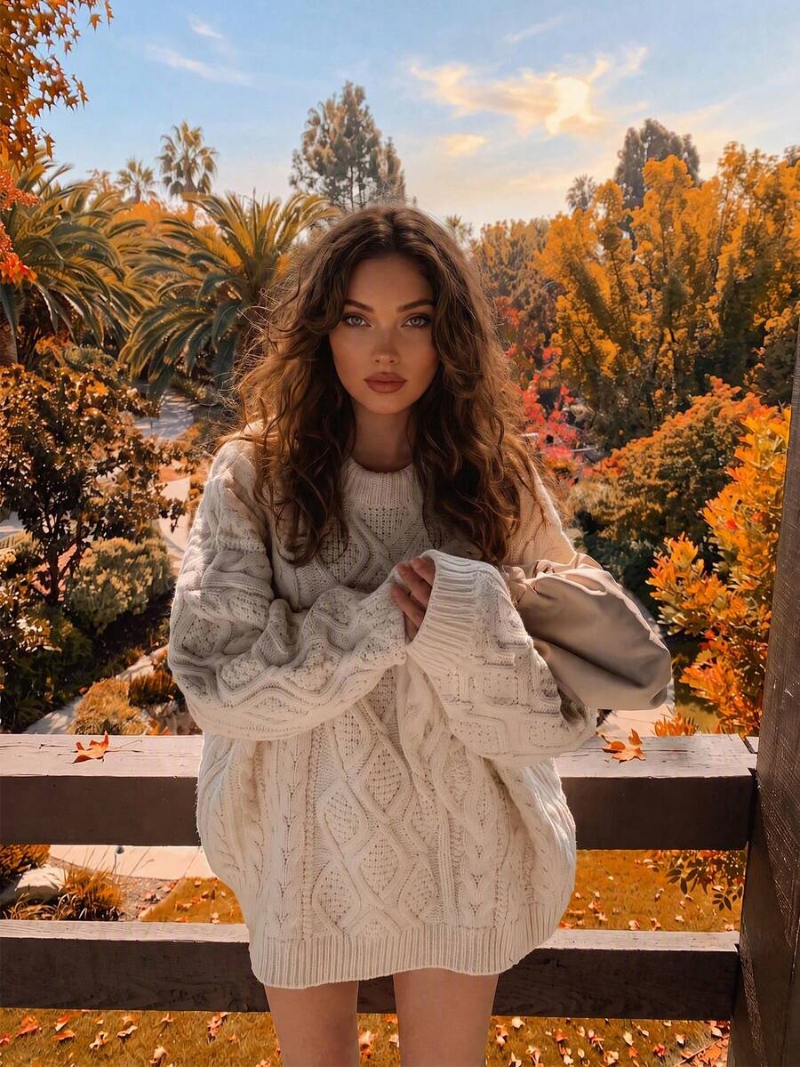Atasan Sweater Rajut Kabel Gaya Preppy Minimalis Elegan Polos Kasual Sehari-hari untuk Wanita, Pakaian Musim Gugur dan Musim Dingin - Aprikot - View 1