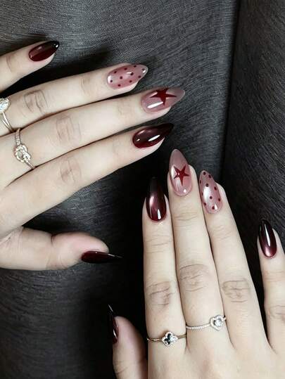 24pcs Medium Almond Wearable Nails, Glossy Cat Eye Deep Burgundy Glitter Pink False Nails With Black Star Polka Dot Print, Reusable Acrylic Fake Nails, Women's Y2K Daily Party Manicure, Black Star Nails, Cat Eye Nails, Y2K Nails, Cool Girl Nails, Suitable For Daily Outings, Dates, Shopping, Nightclubs, Theme Parties And Various Holiday Occasions