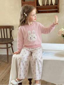 Humor Bear 2pcs/Set Baju Sweatshirt Lengan Panjang dan Celana Olahraga Kasual Anak Perempuan Motif Kelinci Kartun Bordir, Musim Gugur - Berwarna merah muda - View 1