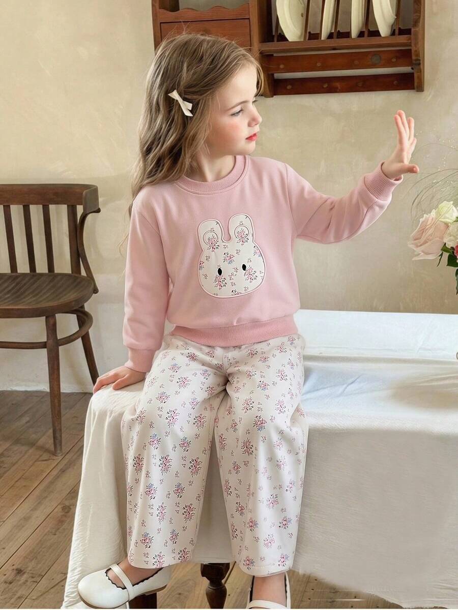 Humor Bear 2pcs/Set Baju Sweatshirt Lengan Panjang dan Celana Olahraga Kasual Anak Perempuan Motif Kelinci Kartun Bordir, Musim Gugur - Berwarna merah muda - View 1