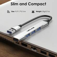 USB 3.0 Hub WAVLINK, 4-Port USB Splitter With 1x 5Gbps + 3x 480Mbps, Aluminum Ultra-Slim Portable Adapter For Laptops/PCs, Plug & Play - View 7