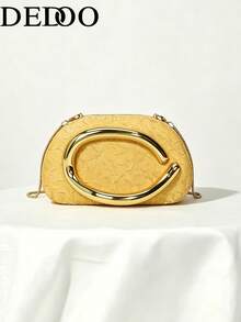 Women's Oval Hard Shell Evening Clutch Bag, 3D Embossed Embossed Pattern, Curved Metal Handle, Elegant Luxury Style, Suitable For Women's Wedding, Ball, Banquet Use - Gold - View 10