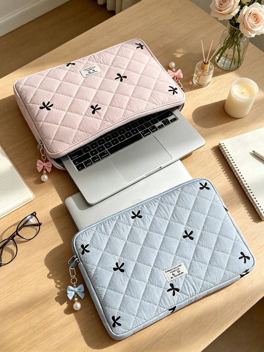 Puffy Laptop Case Cute Quilted Computer Bag, Bow Embroidery Printed ...