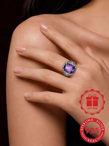 S925 Sterling Silver Vintage Scroll Carved Square Purple Zirconia Men's Wide Ring, Distressed Relief Design, Personalized Ring Gift Box Set - Silver - View 3
