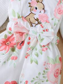 Baby Girl Romper Set Cartoon Rabbit Flutter Sleeve Bodysuit And Pants And Headband Autumn Pastoral Style Outfit - White - View 4