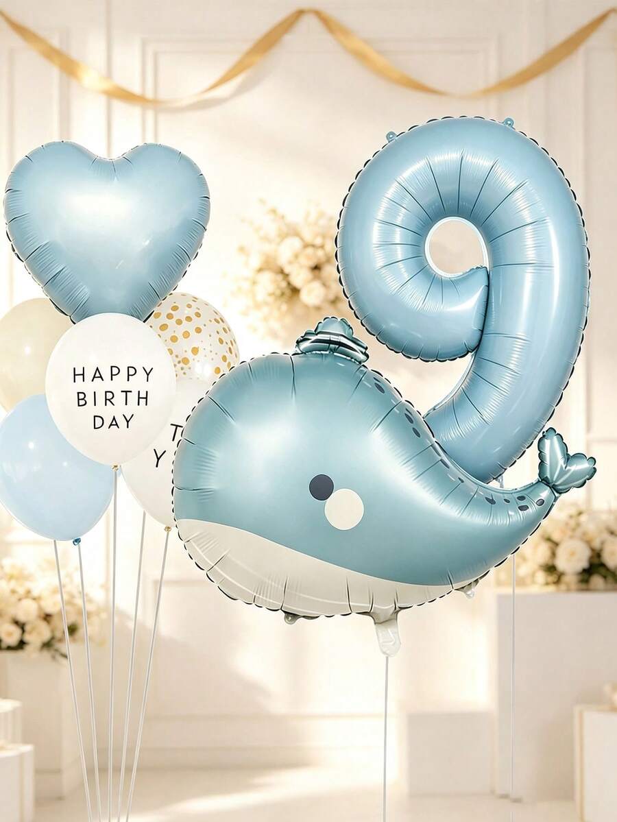 海洋主題生日氣球套組,包含鯨魚鋁箔氣球、淺藍色數字鋁箔氣球、愛心鋁箔氣球、印花氣球與乳膠氣球,適合作為兒子與女兒的生日禮物,亦適用於海洋生物主題生日派對裝飾 - 查看 1