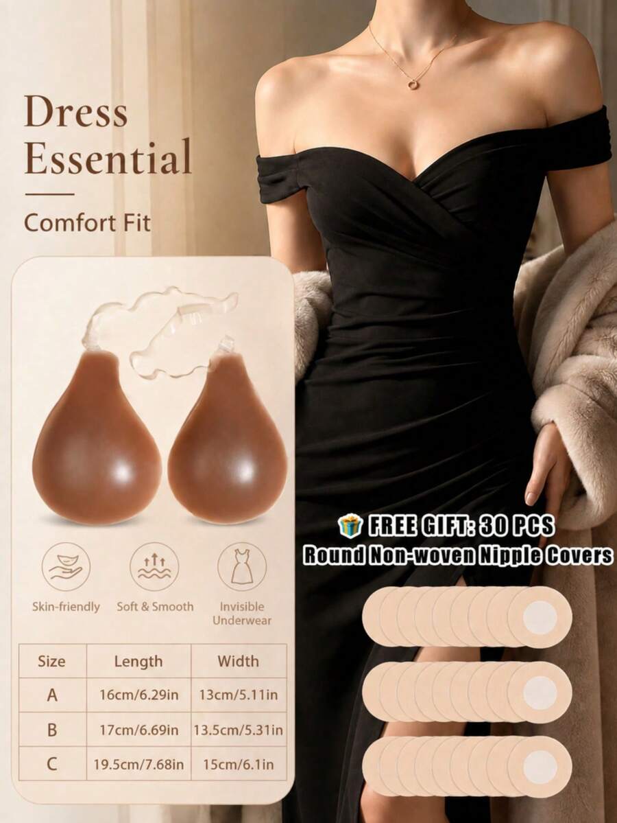 1pc Self-Adhesive Bra Cups, Transparent Halter Strap, A/B/C/D Multi-Size Options, Deep Skin Tone Invisible Breast Pads, Skin-Friendly Reusable Adhesive, Suitable For Cold Shoulder Dresses, Party Wear Secure Fit, Includes 30pcs Disposable Round Pattern Nipple Covers, Women's Intimate Lingerie - Multicolor - View 1