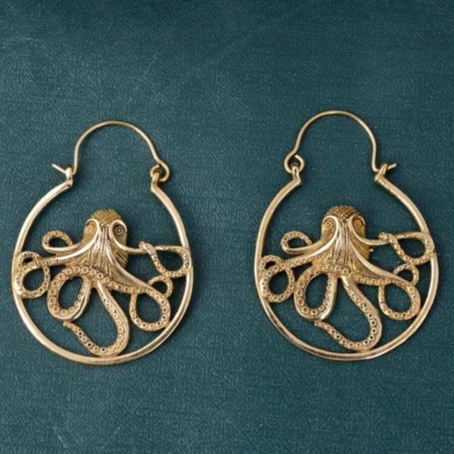 DIYCCPC Anting-anting hoop wanita berbentuk gurita berongga bergaya vintage dari laut, unik dan elegan, perhiasan untuk bepergian sehari-hari. - Emas - View 1
