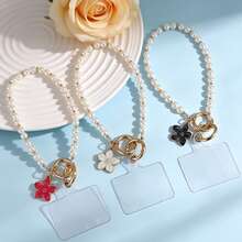 Fashion Pearl Beaded Phone Wristlet Strap, Enamel Flower Pendant Phone Charm With Clear Phone Pad, Anti-Lost Hand Wrist Lanyard Keychain Chain - Multicolor - View 1
