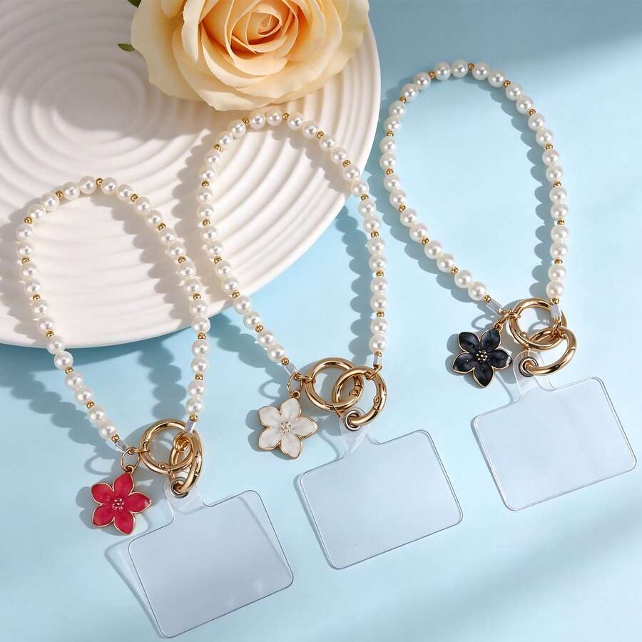 Fashion Pearl Beaded Phone Wristlet Strap, Enamel Flower Pendant Phone Charm With Clear Phone Pad, Anti-Lost Hand Wrist Lanyard Keychain Chain - Multicolor - View 1