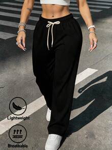 Pantalón Jogger de Pierna Ancha para Mujer | Pants Deportivos Casuales de Cintura Alta - Negro - Ver 1