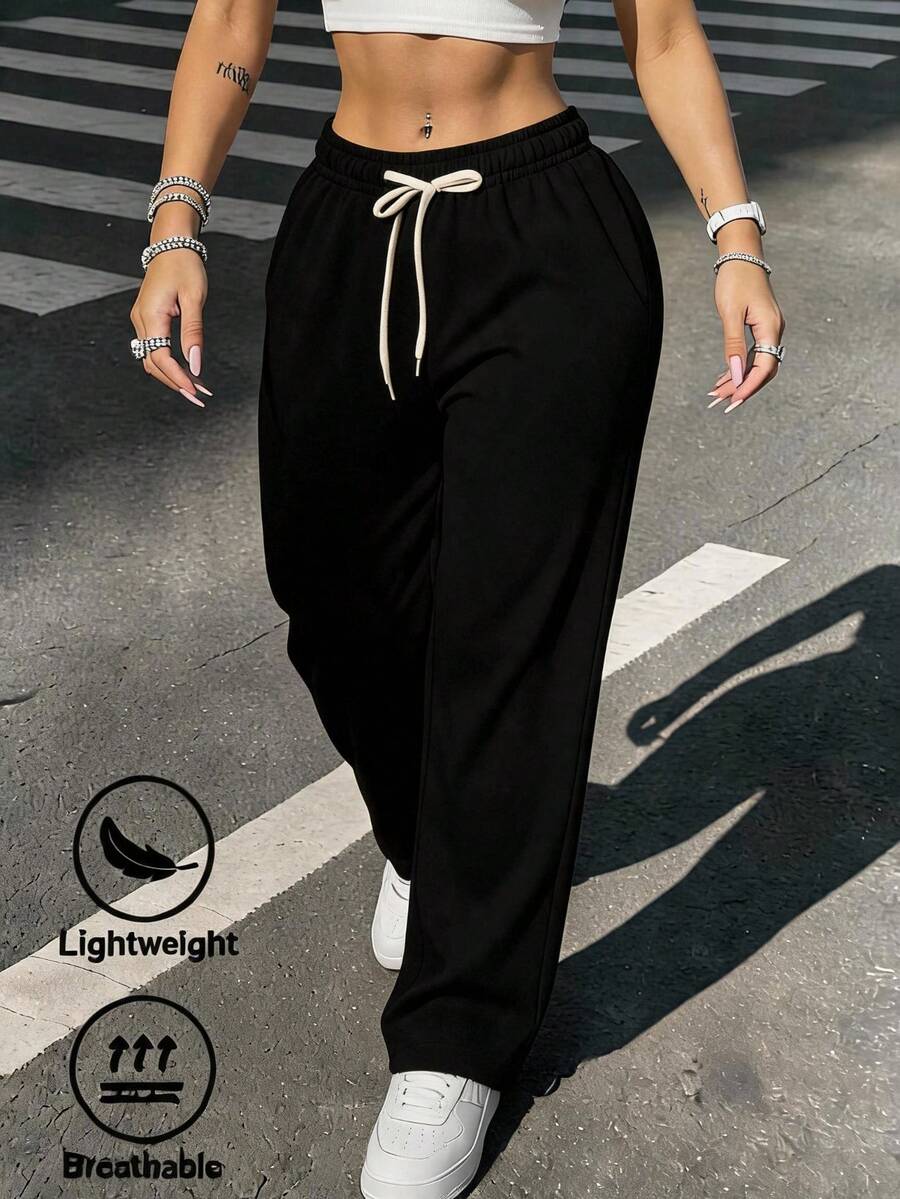 Pantalón Jogger de Pierna Ancha para Mujer | Pants Deportivos Casuales de Cintura Alta - Negro - Ver 1