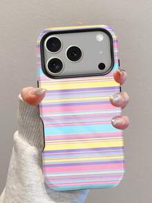 1件裝亮面彩色糖果條紋 2合1手機殼，全包覆加厚設計，相容 iPhone 18 Pro Max、17 Pro、16e、16、15、14、13、12 與 11，韓系 Y2K 與日系極簡 Ins 風格，適合聖誕節、萬聖節、情人節、復活節、婚禮，送給朋友的絕佳生日禮物 - 彩色 - 查看 3
