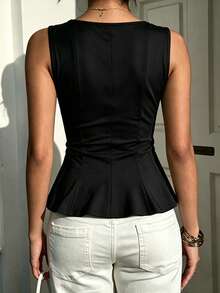 1pc Solid Color Knit Fabric Ruffle Hem Top, Casual Summer Wear Black, Chic & Elegant - Black - View 7