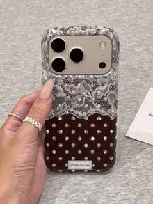Ins Maillard Brown Polka Dot Lace Floral Phone Case Compatible With Iphone 18 Pro Max, 17 Pro, 16, 17 Pro, 15 Pro Max, Full Coverage Anti-Drop Protective Cover - Brown - View 1