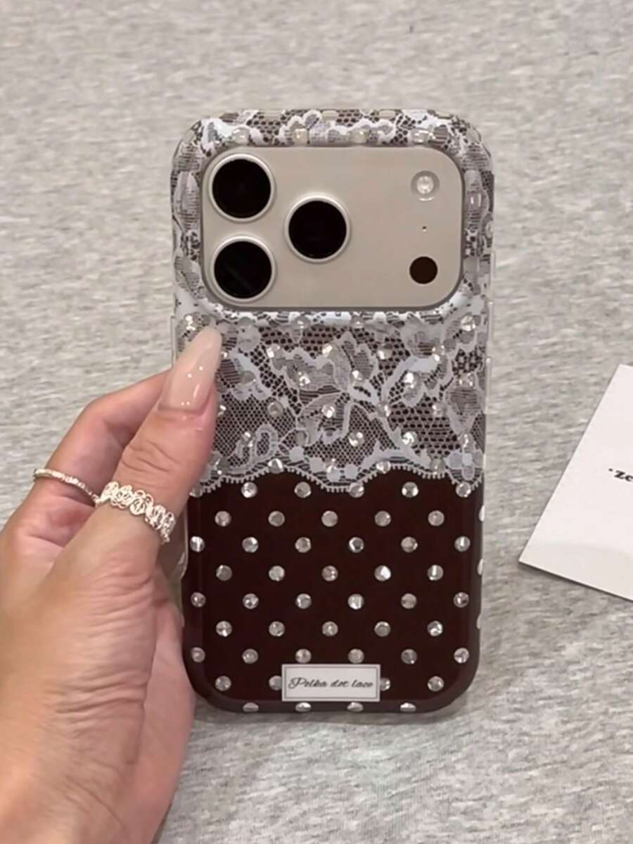 Ins Maillard Brown Polka Dot Lace Floral Phone Case Compatible With Iphone 18 Pro Max, 17 Pro, 16, 17 Pro, 15 Pro Max, Full Coverage Anti-Drop Protective Cover - Brown - View 1
