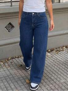 Teen Girls Pocketed Straight Loose Casual Versatile Jeans - Blue - View 1