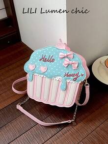 Shoulder Bag, Cupcake 3D Shape Polka Dot Print Bow Accessory Heart Patch Letter Embroidery Cream Drip Design Chain Splicing Adjustable Crossbody Strap Flap Snap Closure Lolita Style Cartoon Asymmetrical Shape Bag Sweet Girl Fun Small Bag - Pink - View 7