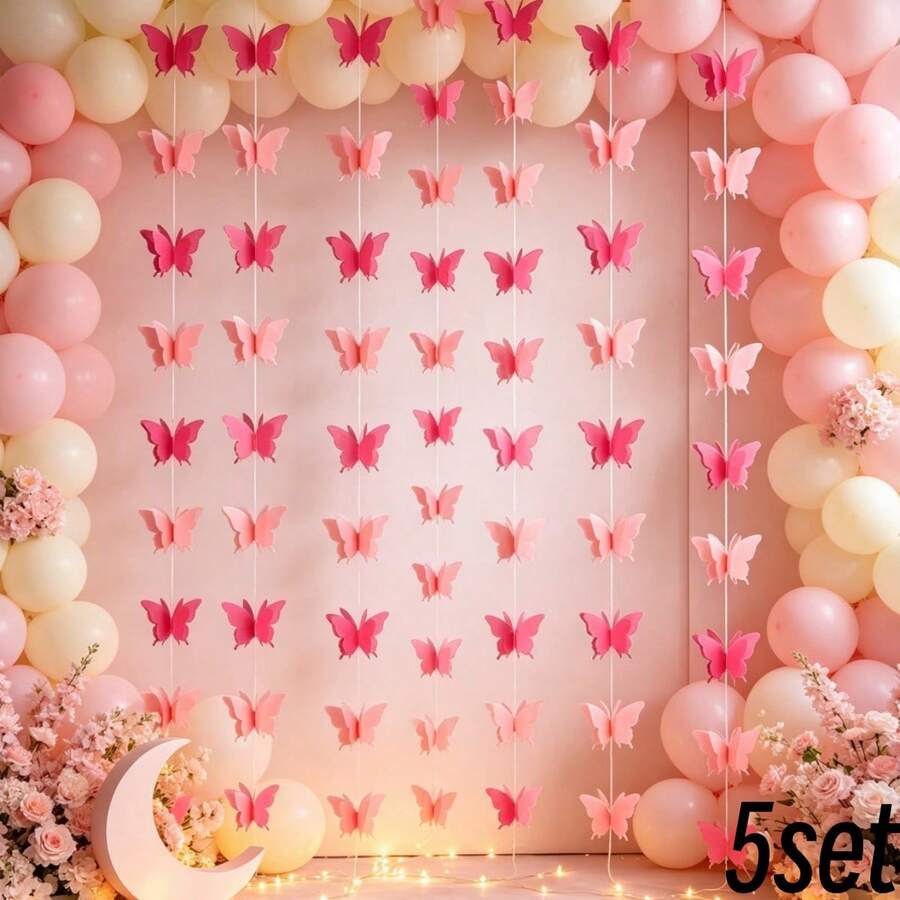 5 Pieces 3D Pink And Red Butterfly Paper Garland Hanging Decorative Banner For Home Ceiling Decor Birthday Party Wedding Theme Valentine Decoration Supplies Total 79 Inch Length - 5 - View 1