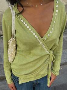 MORI Fall Winter Women Sweaters Y2K Chic Green Wrap V Neck Button Trim Side Tie Knit Sweater Long Sleeve Daily Office Vacation Outfits Clothes - Avocado - View 2