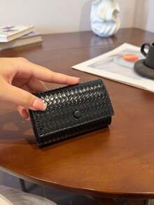 Quilted Bifold Card Wallet For Women, Oval Gold Metal Clasp, Accordion Multi-Card Slots, Slim PU Pocket Purse - Black - View 2