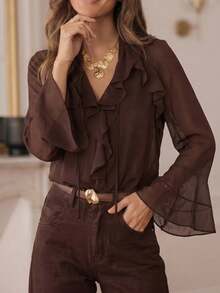Blusa de mujer con cuello en V, volantes de gasa, color marrón, semitransparente, mangas acampanadas - Marrón - Ver 4