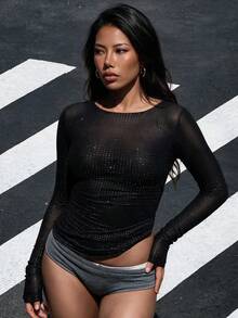 大尺碼性感亮面水鑽透視長袖圓領上衣，優雅修身時尚百搭女裝，適合音樂節，黑色 - 黑色 - 查看 1