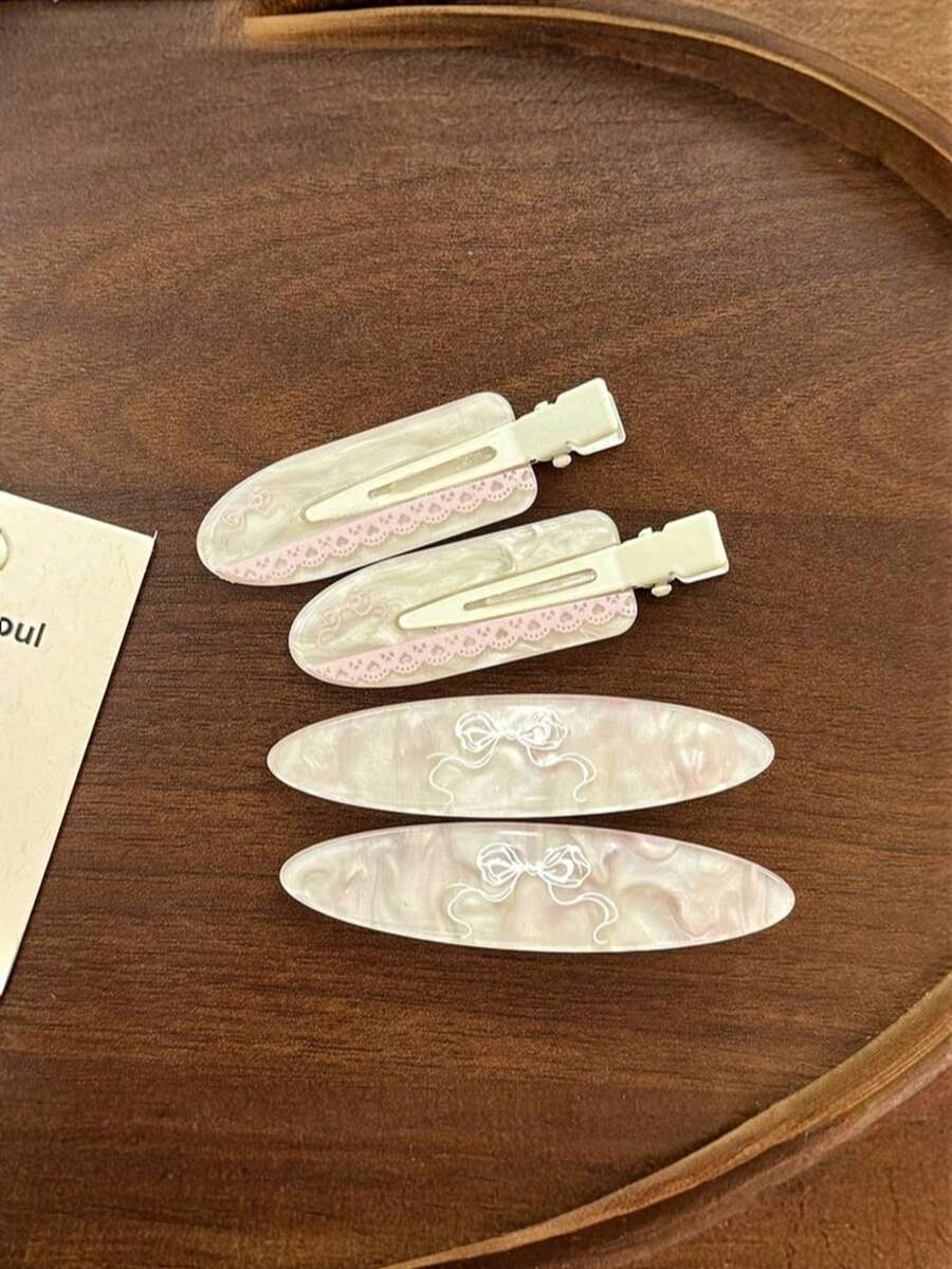 French Style Gentle Shell Texture Acetate Hair Clip For Women, Lace Bow Print Alligator Hair Clip, Sweet Girl Side Bangs Hair Accessory - Multicolor - View 1