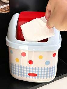 Mini Desktop/Car Trash Can With Lid, Bowknot Decor, Polka Dot Square Trash Can, Small Desktop Trash Can, Ins Style Color Block Mini Desktop Trash Can, Cute Small Desktop Trash Can No Power Needed Waste Paper Basket, Desktop Trash Can - Multicolor - View 6