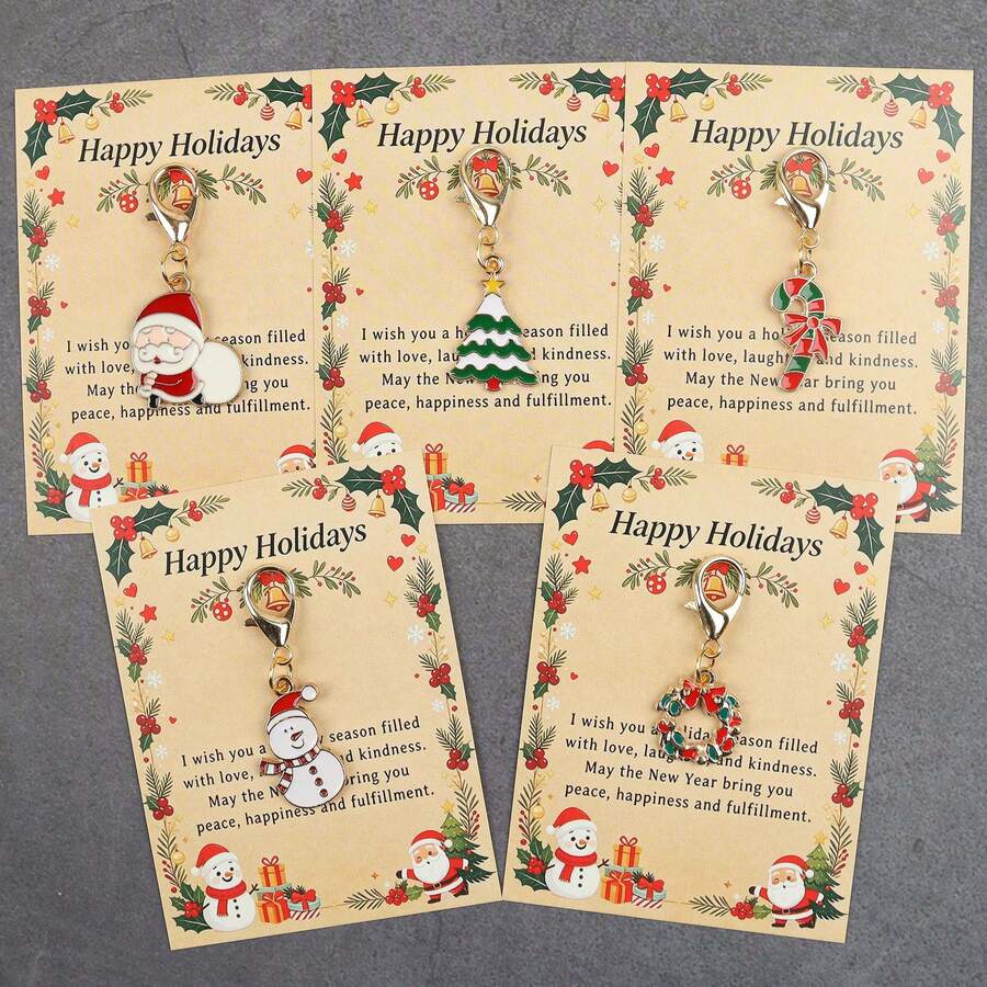 5pcs/10pcs Christmas Enamel Keychain Charms, Santa Snowman Tree Candy Cane Wreath Pendant, Holiday Gift With Greeting Card For Bag Decoration - Multicolor - View 1