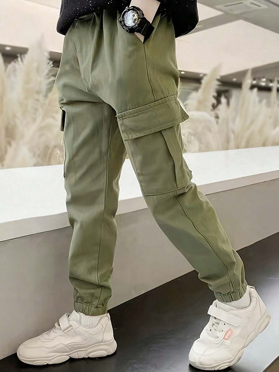 1pc Boys Teens Avant-Garde Minimalist Casual Sports Street Outdoor Multi-Pocket Cargo Pants Spring Autumn - Army Green - View 1
