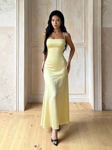 1pc Solid Color Elegant Knit Fabric Backless Dress Beach Summer - Green - View 1