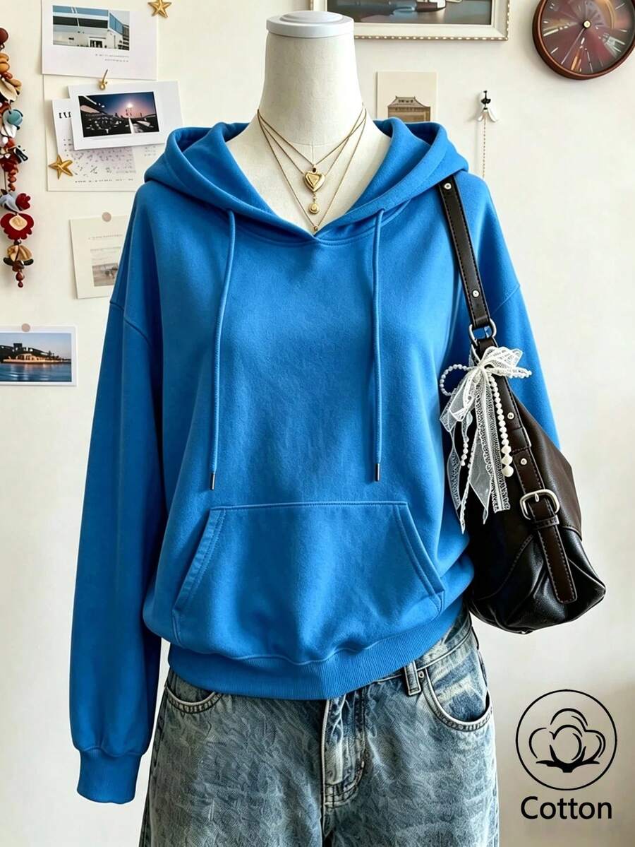 Women's Loose-Fit Cotton Hooded Sweatshirt With Pockets For Autumn And Winter, Perfect For Casual, Street-Style And Sportswear Looks - Blue - View 1