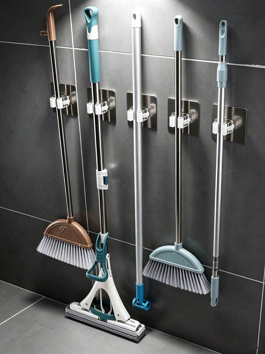 1/2/4pcs White Wall-Mounted Strong Adhesive Hook Clip, Mop Broom Clip For Storage, Suitable For Bathroom And Kitchen Organization,Bag,Organizer,Storage,Kitchen - Multicolor - View 1