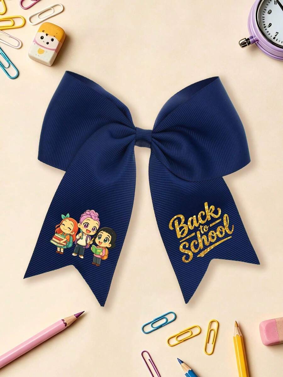 1pc Back To School Cartoon Pencil Print Big Bow Hair Clip, Academy Style Ribbon Hair Clip, Sweet Student Hair Accessory, Suitable For Children
