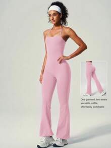 UONNOU Peach Butt-Lifting Flare Leg Jumpsuit, Square Neck Square Neck Backless Yoga Jumpsuit - Baby Pink - View 1