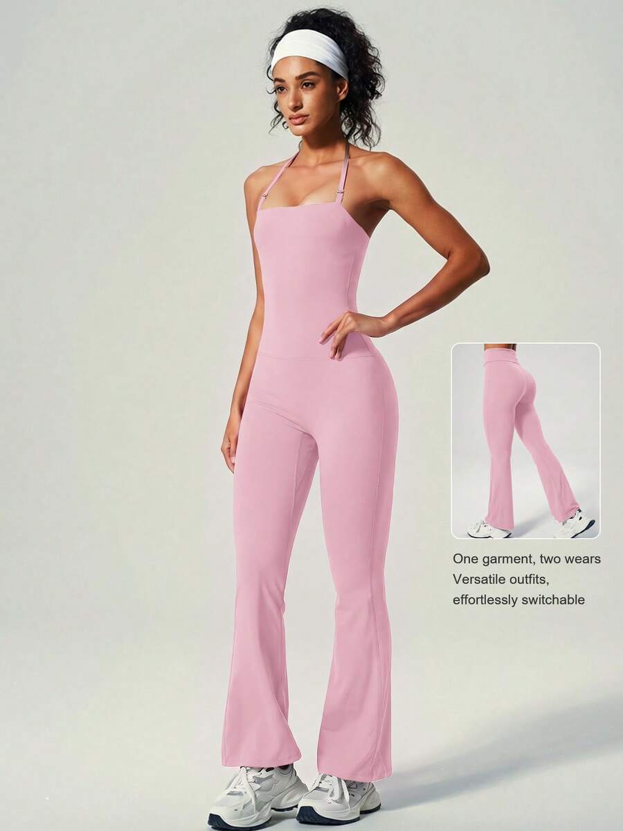 UONNOU Peach Butt-Lifting Flare Leg Jumpsuit, Square Neck Square Neck Backless Yoga Jumpsuit - Baby Pink - View 1