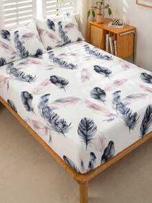 1pc Fashion Feather Pattern Parallel Line Fitted Sheet, Soft And Breathable, Suitable For Single, Double, Queen And King Size Beds, Deep Pocket Up To 11.8 Inches, Home Dorm Back To School Bedding Fitted Sheet - Multicolor - View 4