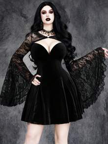 Women's Sexy Gothic Halloween Witch Costume: Deep V-Neck Stretch Velvet Dress With Lace Patchwork And Attached Cape - Black - View 5