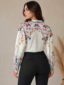 Women's Elegant Printed Long Sleeve Blouse, Classic Collar, Fashionable Button-Up Polyester Top, Suitable For Autumn - White - View 3