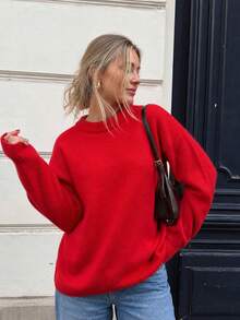 Women's French Vintage Red Round Neck Sweater, Loose Drop Shoulder Slouchy Ribbed Long Sleeve Knit Top, Autumn/Winter - Red - View 3