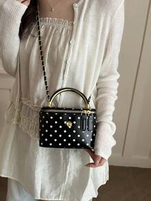 Women's Polka Dot PU Square Box Handbag, Metal Top Handle Chain Crossbody Bag, Vintage Makeup Bag Style Shoulder Bag - Black - View 2