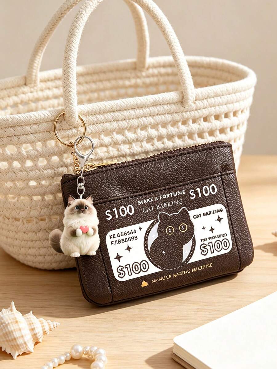 Fashion 2D Cat Pendant Coin Purse, Card Holder Coin Purse, Minimalist Anti-Theft Small Wallet, Travel Back To School Daily Accessory - Multicolor - View 1
