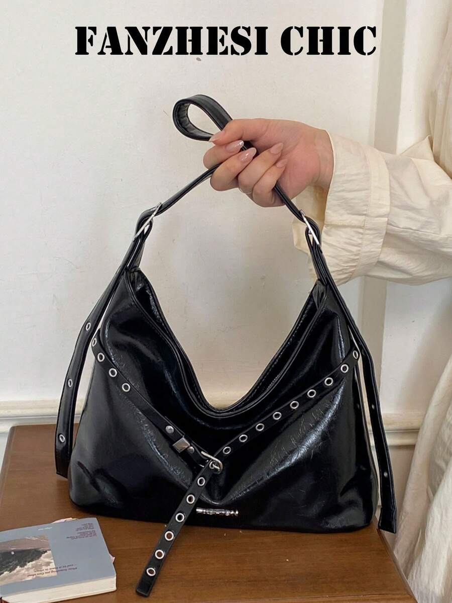 Metal Grommet Rivet Decor Wide Strap Weight-Relieving Design Zipper Closure American Vintage Motorcycle Style Hobo Tote Bag College Student Commuter Shopping Shoulder Underarm Bag Hot Girl Outfit Large Capacity Soft Bag - Black - View 1
